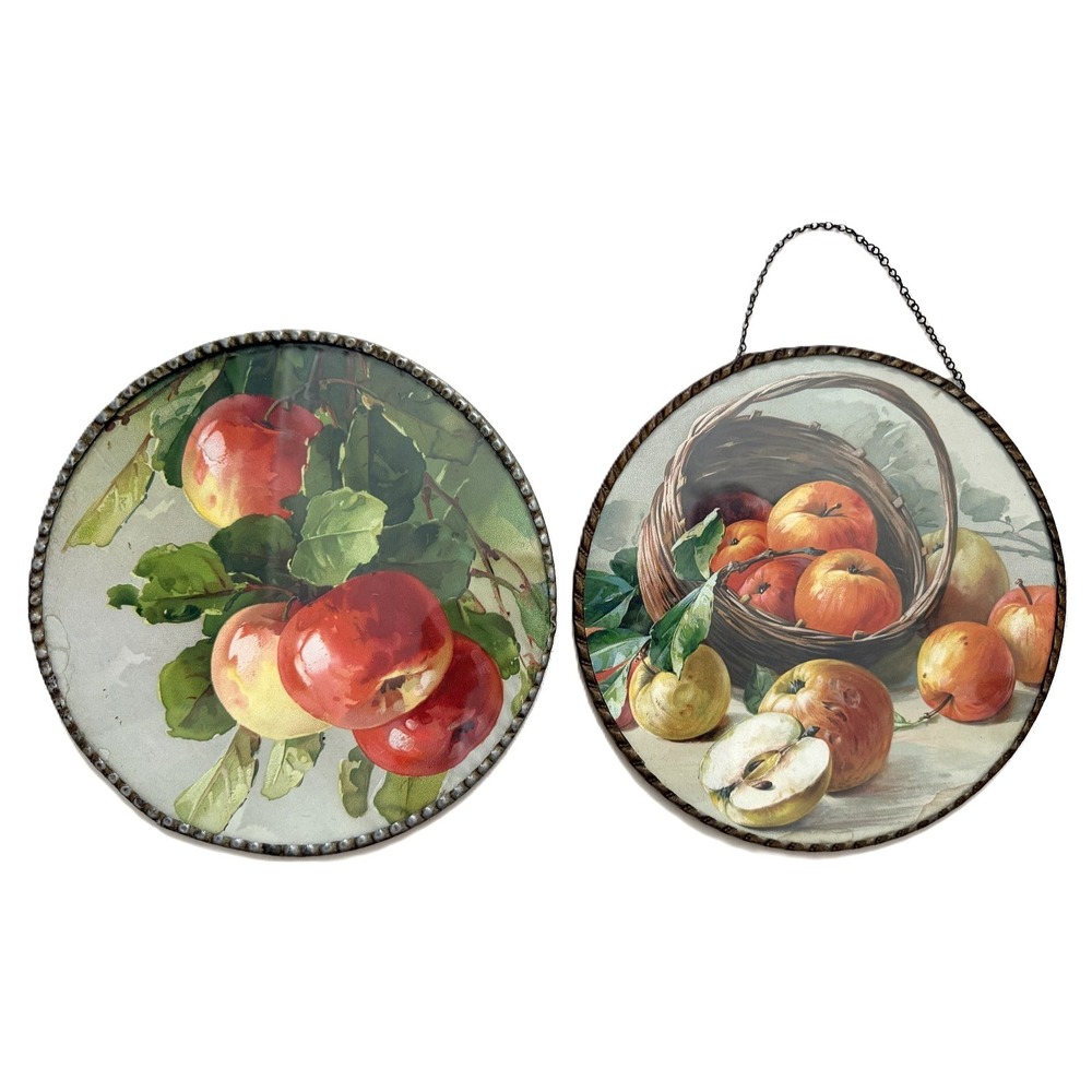 Pair Antique Chimney Flue Covers Glass Metal Rim Germany Apple Fruit Still Life